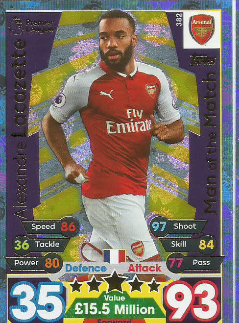 ALEX LACAZETTE  - MATCH ATTAX 2017/18 - GOLD "MAN of the MATCH" TRADING CARD 382