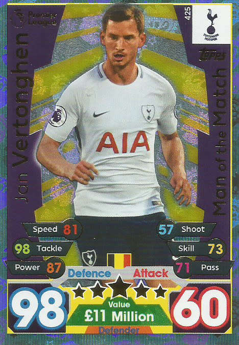 JAN VERTONGHEN  - MATCH ATTAX 2017/18 - GOLD "MAN of the MATCH" TRADING CARD 425