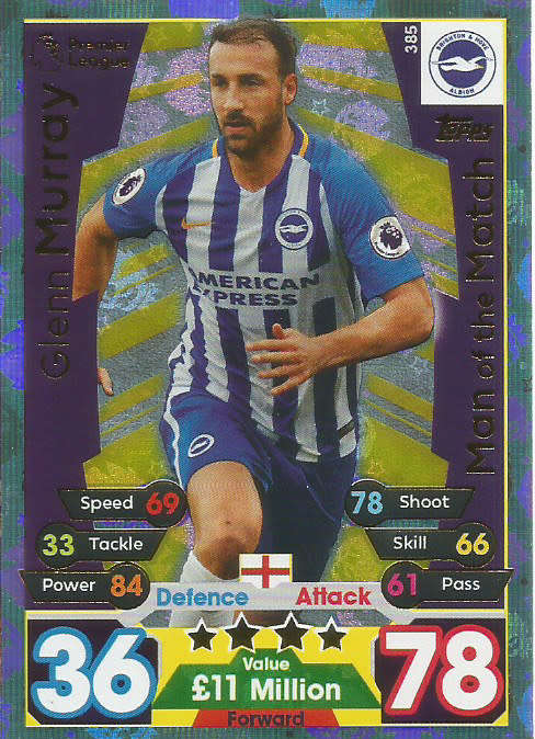GLENN MURRAY  - MATCH ATTAX 2017/18 - GOLD "MAN of the MATCH" TRADING CARD 385