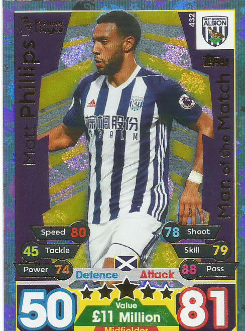 MATT PHILIPS  - MATCH ATTAX 2017/18 - GOLD "MAN of the MATCH" TRADING CARD 432