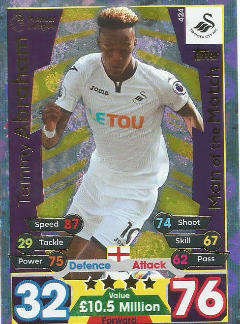 TOMMY ABRAHAM  - MATCH ATTAX 2017/18 - GOLD "MAN of the MATCH" TRADING CARD 424