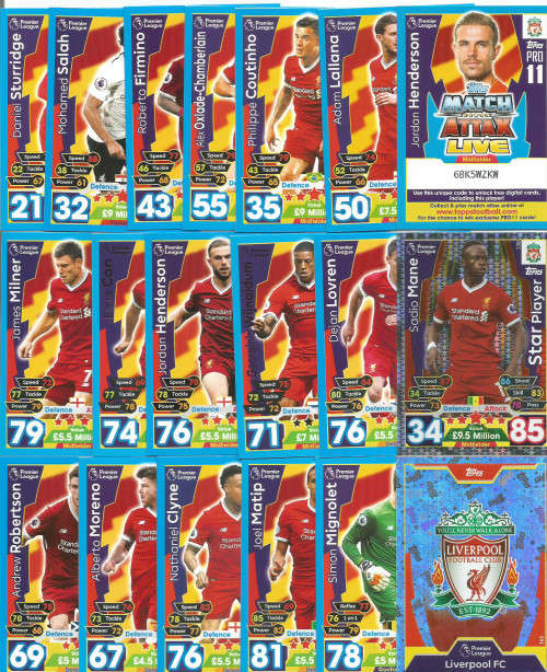 LIVERPOOL FC - MATCH ATTAX 2017/2018 - COMPLETE SET of 25 TRADING CARDS - FOILS INCLUDED
