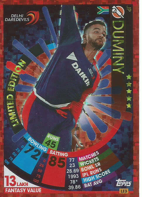 JP DUMINY - IPL CRICKET ATTAX 2017/18 - RARE `LIMITED EDTION` TRADING CARD