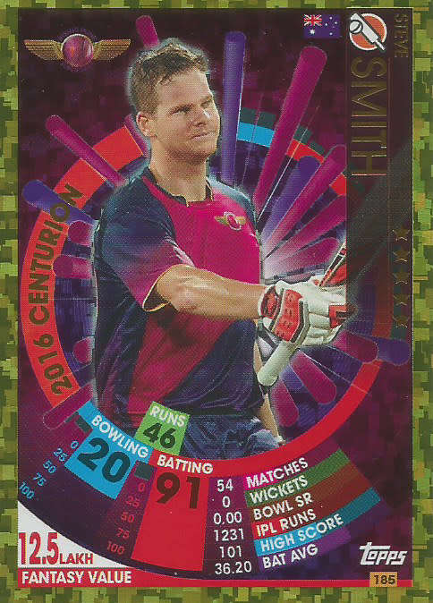 STEVE SMITH - IPL CRICKET ATTAX 2017/18 - RARE GOLD `2016 CENTURION` TRADING CARD