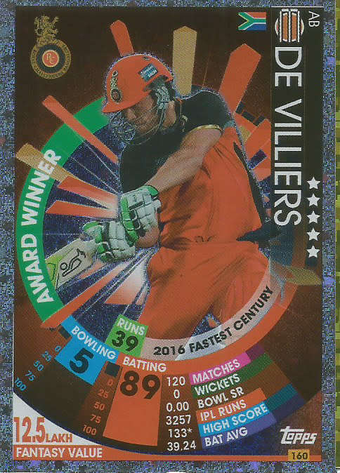 AB DE VILLIERS - IPL CRICKET ATTAX 2017/18 - SILVER `AWARD WINNER` TRADING CARD 160
