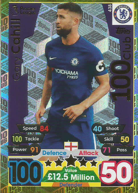 GARY CAHILL - MATCH ATTAX 2017/18 - GOLD "CLUB 100" TRADING CARD 438