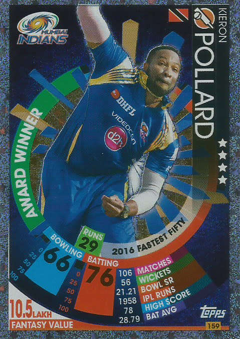 KIERON POLLARD - IPL CRICKET ATTAX 2017/18 - SILVER "AWARD WINNER" TRADING CARD 159