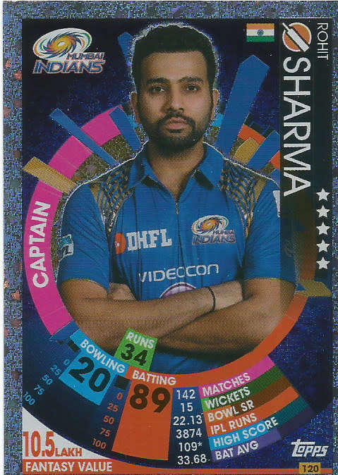 ROHIT SHARMA - IPL CRICKET ATTAX 2017/18 -  SILVER "CAPTAIN" TRADING CARD 120