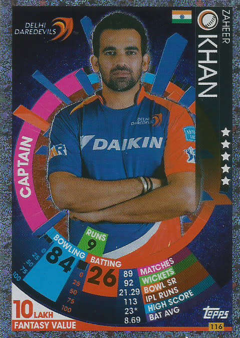ZAHEER KHAN - IPL CRICKET ATTAX 2017/18 -  SILVER "CAPTAIN" TRADING CARD 116