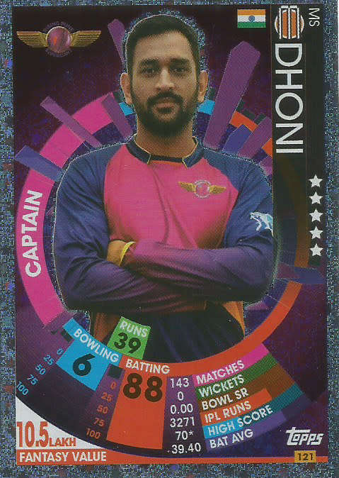 MS DHONI - IPL CRICKET ATTAX 2017/18 -  SILVER "CAPTAIN" TRADING CARD 121