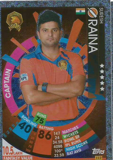SURESH RAINA - IPL CRICKET ATTAX 2017/18 -  SILVER "CAPTAIN" TRADING CARD 117