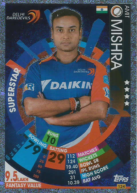 AMIT MISHRA - IPL CRICKET ATTAX 2017/18 -  SILVER "SUPERSTAR" TRADING CARD 124