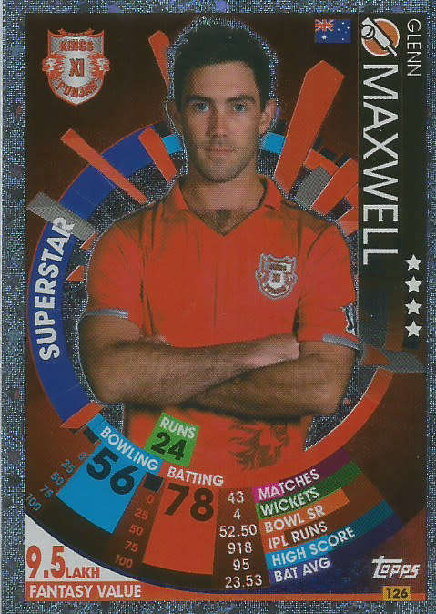 GLEN MAXWELL - IPL CRICKET ATTAX 2017/18 -  SILVER "SUPERSTAR" TRADING CARD 126