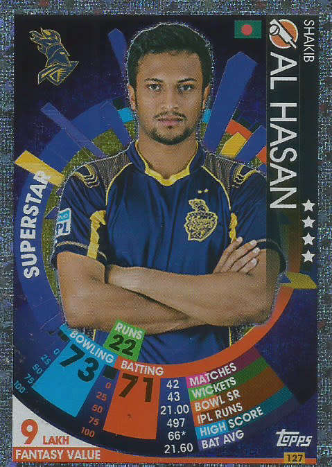 SHAKIB AL HASAN - IPL CRICKET ATTAX 2017/18 -  SILVER "SUPERSTAR" TRADING CARD 127