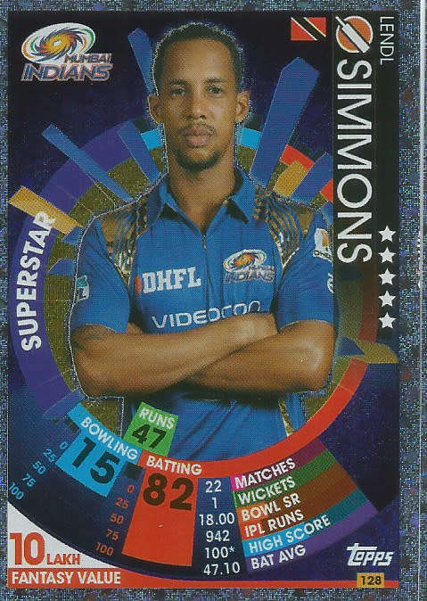 LENDL SIMMONS - IPL CRICKET ATTAX 2017/18 -  SILVER "SUPERSTAR" TRADING CARD 128