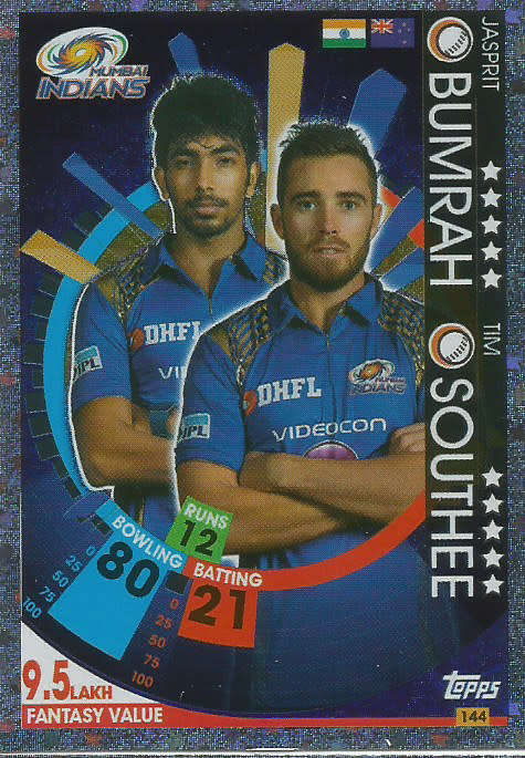 SOUTHEE/BUMRAH - IPL CRICKET ATTAX 2017/18 -  SILVER "DUO" TRADING CARD 144
