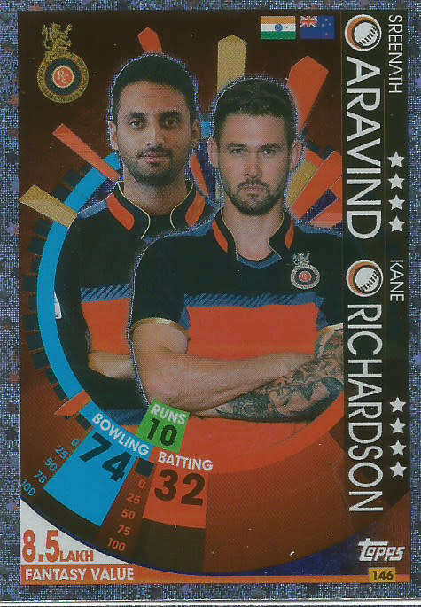 ARAVIND/RICHARDSON - IPL CRICKET ATTAX 2017/18 -  SILVER "DUO" TRADING CARD 146