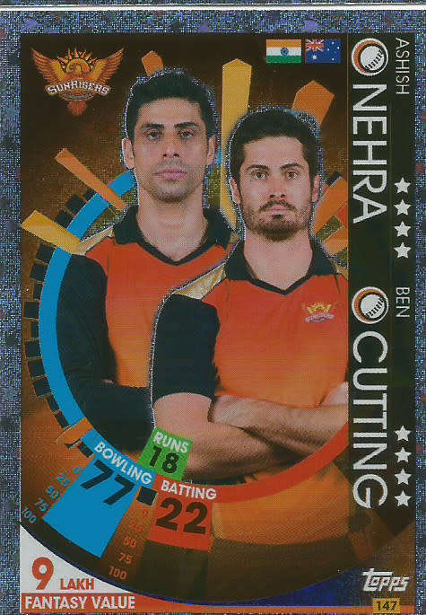 NEHRA/CUTTING - IPL CRICKET ATTAX 2017/18 -  SILVER "DUO" TRADING CARD 147