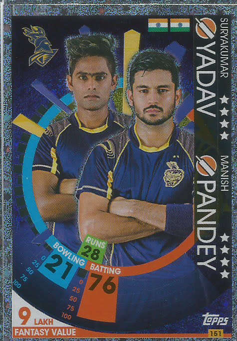 YADAV/PANDEY - IPL CRICKET ATTAX 2017/18 -  SILVER "DUO" TRADING CARD 151