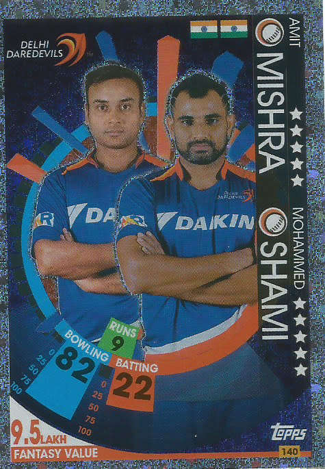 MISHRA/SHAMI - IPL CRICKET ATTAX 2017/18 -  SILVER "DUO" TRADING CARD 140