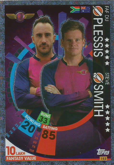 STEVE SMITH/FAF DU PLESSIS - IPL CRICKET ATTAX 2017/18 -  SILVER `DUO` TRADING CARD 153