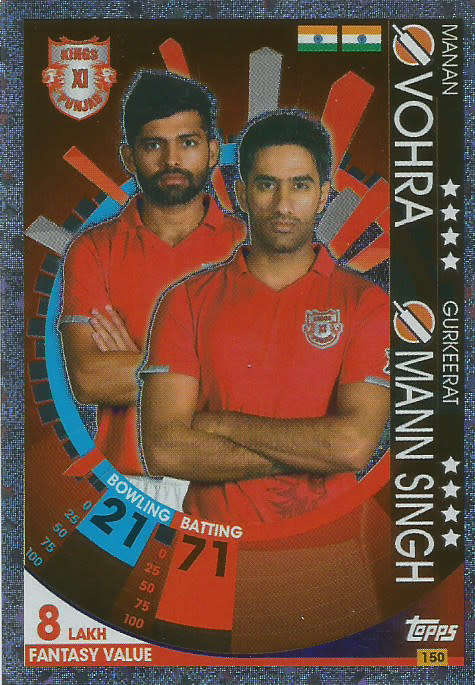 VOHRA/SINGH - IPL CRICKET ATTAX 2017/18 -  SILVER "DUO" TRADING CARD 150