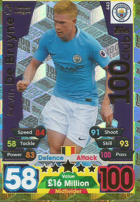 KEVIN DE BRUYNE - TOPPS `MATCH ATTAX 2017/18` - GOLD `CLUB 100` TRADING CARD 443