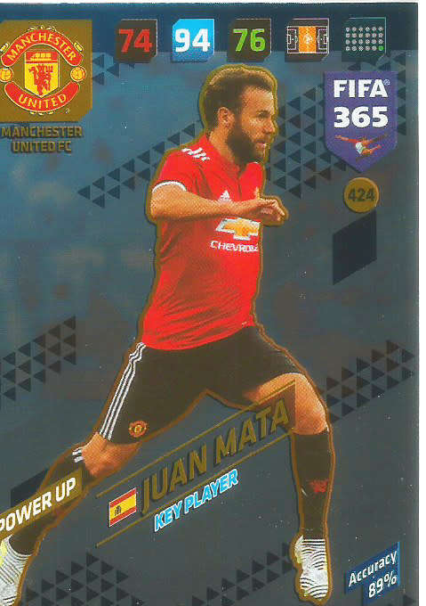 JUAN MATA - FIFA 365 2018 EDITION - PANINI 2018 - BLUE FOIL `KEY PLAYER` TRADING CARD 424