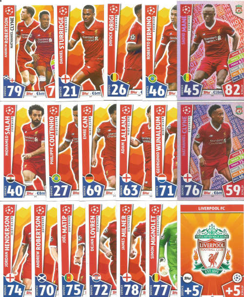 LIVERPOOL FC - CHAMPIONS LEAGUE 2017/18 - COMPLETE 18 TEAM TRADING CARD SET