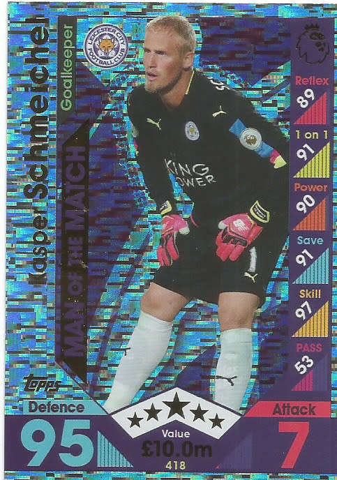 KASPER SCHMEICHEL - TOPPS EPL MATCH ATTAX 2016/2017 - "MAN of the MATCH" FOIL CARD 418