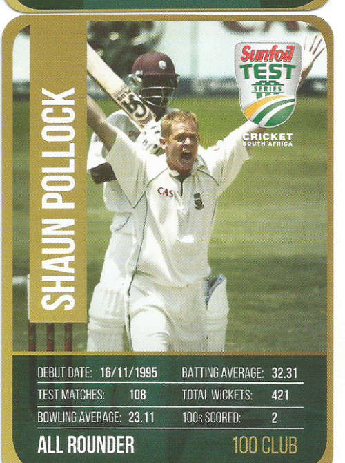 SHAUN POLLOCK - CRICKET SA - 2018 SUNFOIL SERIES ` CLUB 100`  TRADING CARD