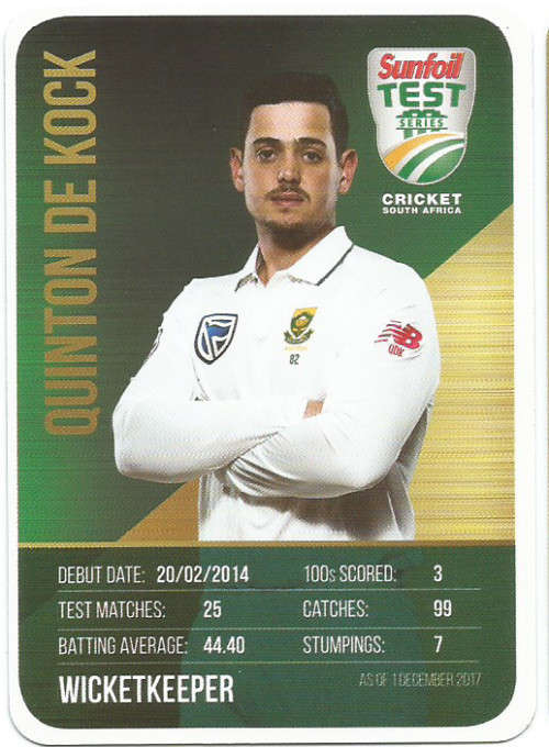 QUINTON DE KOCK - CRICKET SA - 2018 SUNFOIL SERIES " TEAM PLAYER"  TRADING CARD