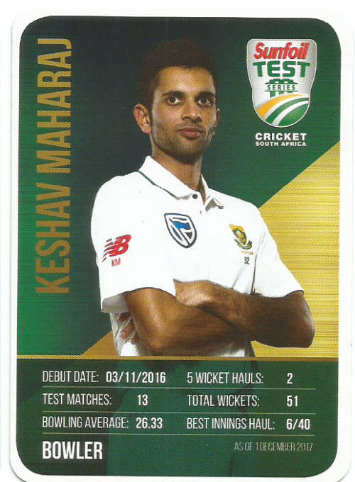 KESHAV MAHARAJ - CRICKET SA - 2018 SUNFOIL SERIES ` TEAM PLAYER`  TRADING CARD
