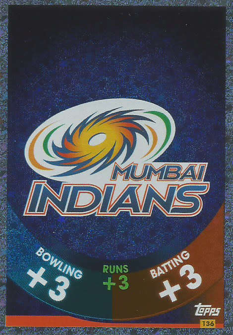 IPL CRICKET ATTAX 2017/18 - MUMBAI INDIANS SILVER "LOGO" TRADING CARD 136