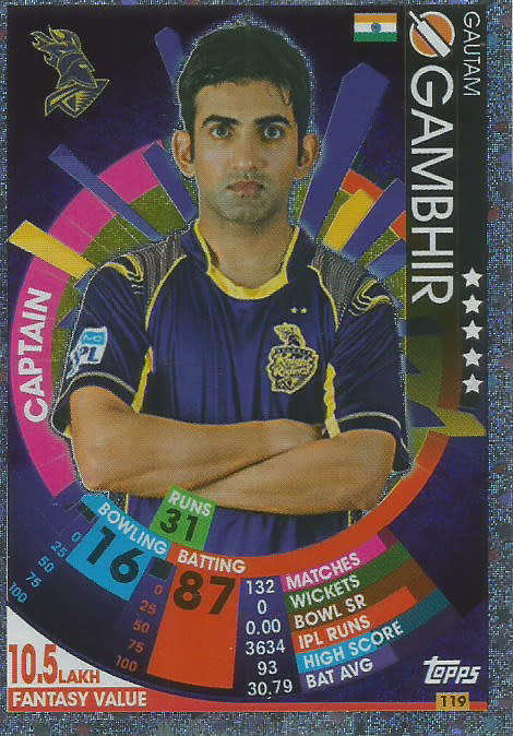 GAUTAM GAMBHIR - IPL CRICKET ATTAX 2017/18 -  SILVER "CAPTAIN" TRADING CARD 119