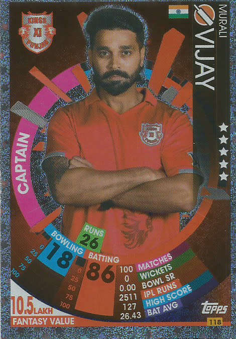 MURALI VIJAY - IPL CRICKET ATTAX 2017/18 -  SILVER "CAPTAIN" TRADING CARD 118