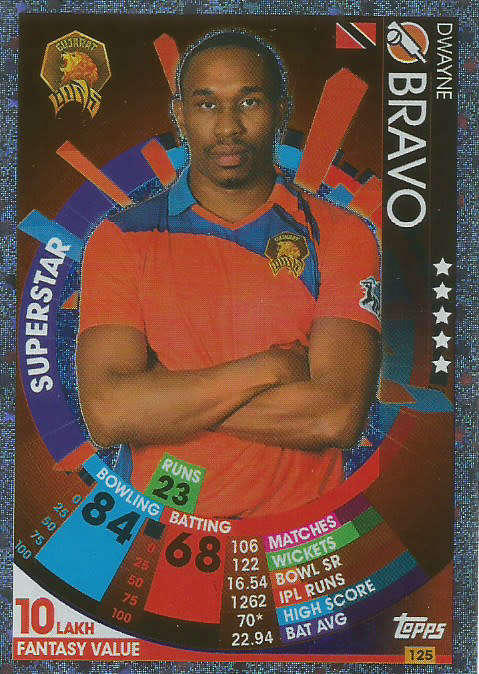 DWANE BRAVO - IPL CRICKET ATTAX 2017/18 -  SILVER `SUPERSTAR` TRADING CARD 125