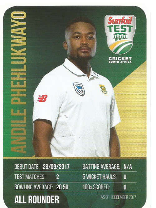 ANDILE PHEHLUKWAYO - CRICKET SA - 2018 SUNFOIL SERIES ` TEAM PLAYER`  TRADING CARD