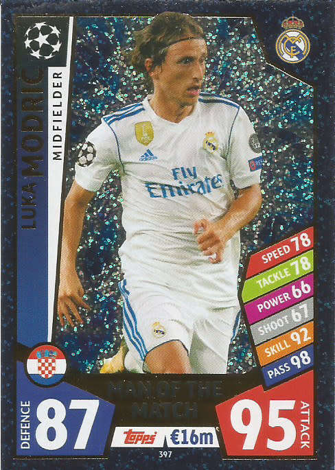 LUKA MODRIC - TOPPS `CHAMPIONS LEAGUE` 2017/18 - `MAN of the MATCH` FOIL  TRADING CARD 397