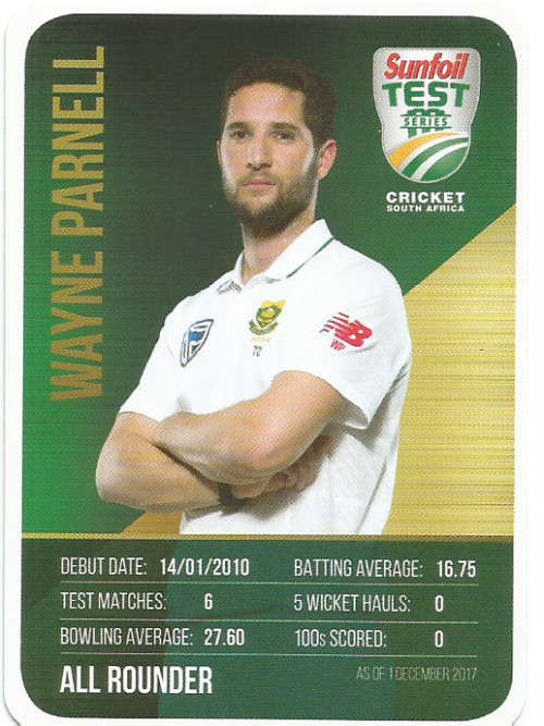 WAYNE PARNELL  - CRICKET SA - 2018 SUNFOIL SERIES " TEAM PLAYER"  TRADING CARD