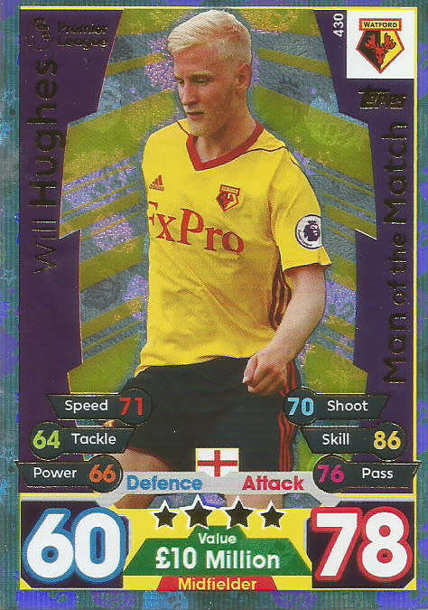 WILL HUGHES  - MATCH ATTAX 2017/18 - GOLD "MAN of the MATCH" TRADING CARD 430