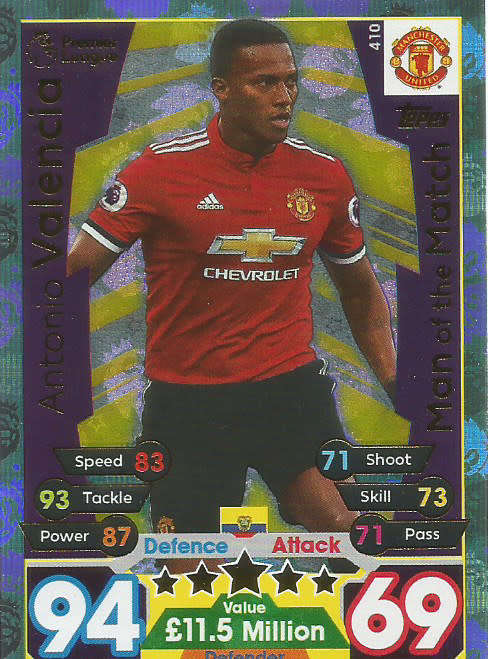 ANTONIO VALENCIA  - MATCH ATTAX 2017/18 - GOLD "MAN of the MATCH" TRADING CARD 410