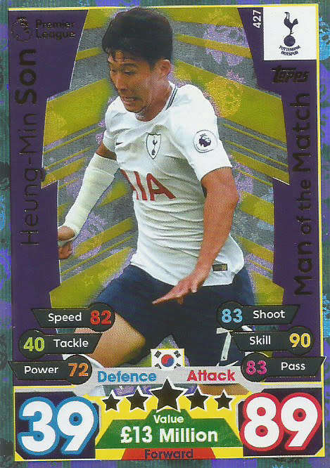 HEUNG MIN SON  - MATCH ATTAX 2017/18 - GOLD `MAN of the MATCH` TRADING CARD 427