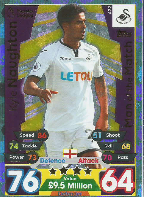 KYLE NAUGHTON  - MATCH ATTAX 2017/18 - GOLD "MAN of the MATCH" TRADING CARD 422