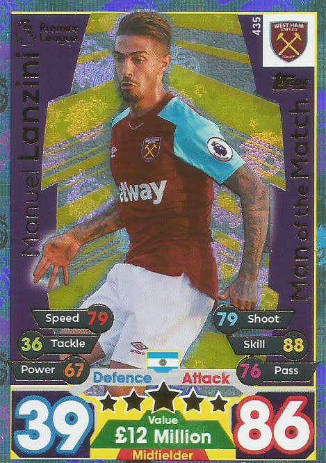 MANUEL LANZINI  - MATCH ATTAX 2017/18 - GOLD "MAN of the MATCH" TRADING CARD 435