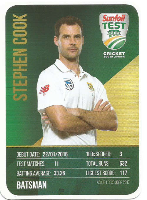 STEPHEN COOK  - CRICKET SA - 2018 SUNFOIL SERIES ` TEAM PLAYER`  TRADING CARD