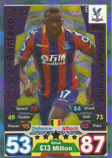 CHRISTIAN BENTEKE  - MATCH ATTAX 2017/18 - GOLD "MAN of the MATCH" TRADING CARD 394