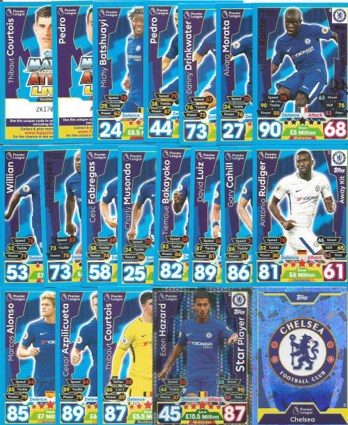 CHELSEA FC - MATCH ATTAX 2017/2018 - COMPLETE SET 19 TRADING CARDS