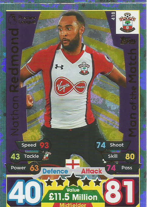 NATHAN REDMOND  - MATCH ATTAX 2017/18 - GOLD "MAN of the MATCH" TRADING CARD 418