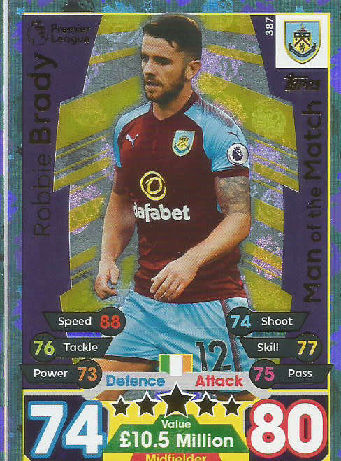 ROBBY BRADY  - MATCH ATTAX 2017/18 - GOLD "MAN of the MATCH" TRADING CARD 387